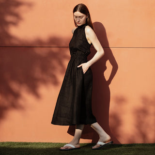 Black linen summer midi dress