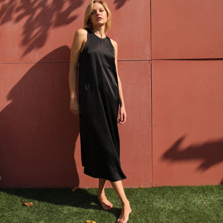 Black satin silk midi dress
