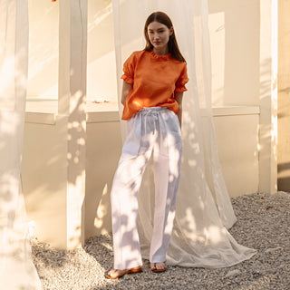 White linen high waist pants with pockets