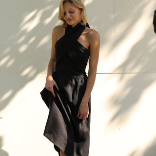 Black linen summer midi dress