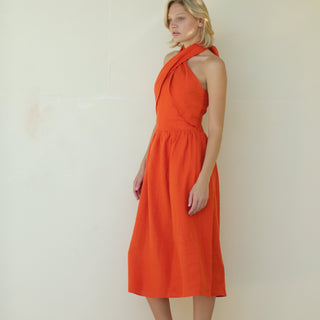 'Tulip' Linen Dress with Halter Neck Detail in Orange