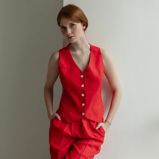 Red linen vest for women