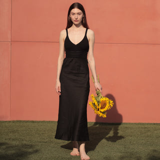 Black linen sundress with cotton knitted top and bias cut skirt