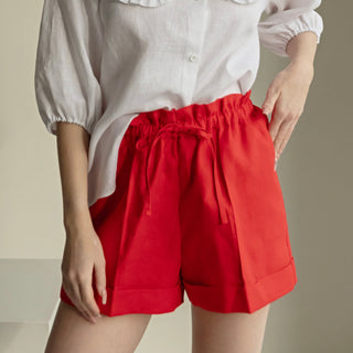 Red linen paperbag shorts
