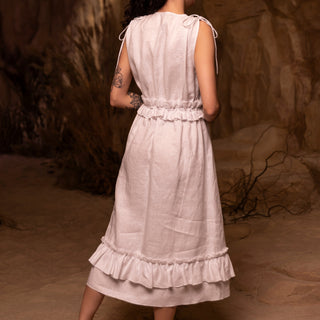 'Alexandra' Linen Midi Dress with Frills in White