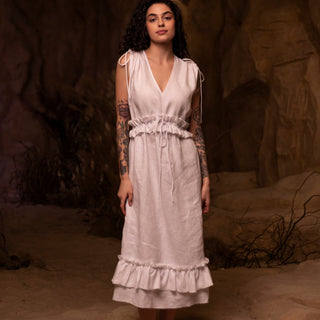 'Alexandra' Linen Midi Dress with Frills in White