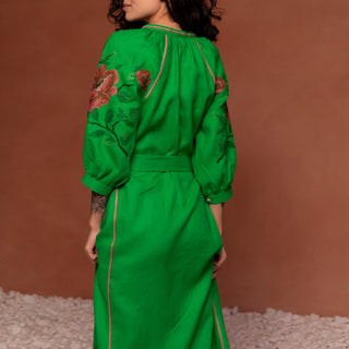 'Ksenya" Linen Embroidered Vyshyvanka Dress in Garden Green