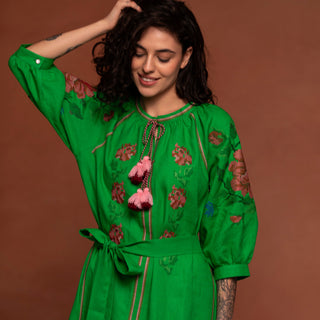 'Ksenya" Linen Embroidered Vyshyvanka Dress in Garden Green
