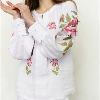 Embroidery details white linen shirt