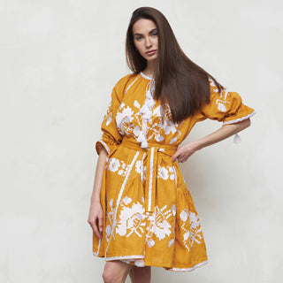 Linen embroidered dress in Tuscan Sun colour