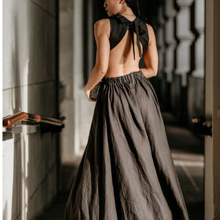 Back view black linen dress with open back
