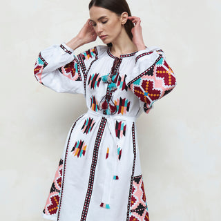 White linen boho chic dress with geometric embroidery