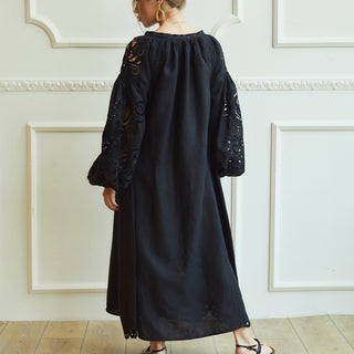 Back view black linen maxi dress.