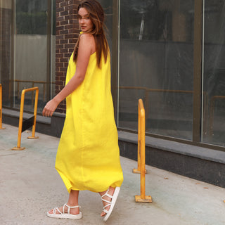 Back view yellow linen maxi dress