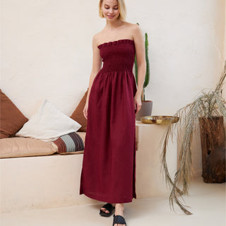 Long burgundy dark red linen tube dress with side splits