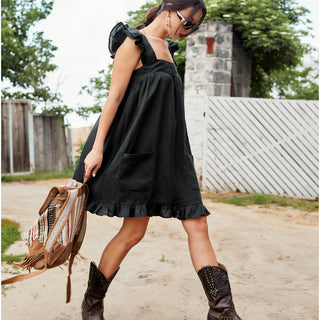 Black linen ruffled mini sundress