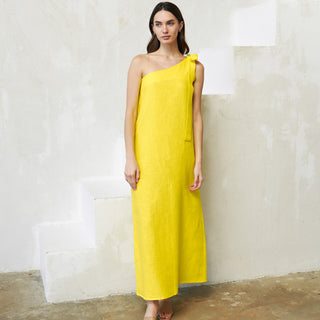 Yellow linen one shoulder maxi dress