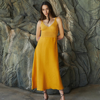 Linen midi dress with knitted top in mustard