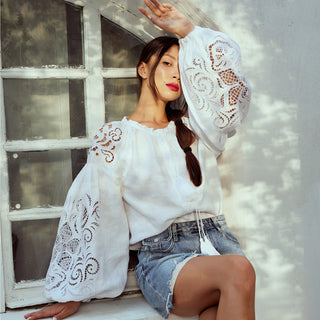 white linen embroidered shirt with Richeleu details