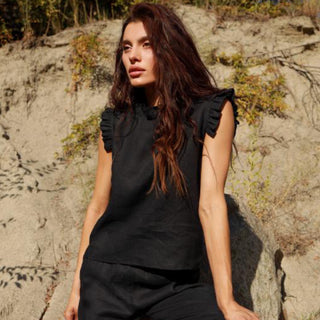 Black linen sleeveless top with frill