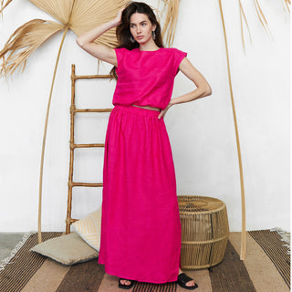 Fuchsia linen maxi skirt with splits on sides