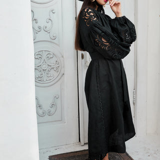 Black linen maxi dress with Richelieu details 