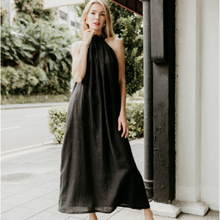 Black linen sleeveless halterneck maxi dress
