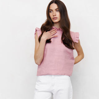 Linen dusty pink top with frilled details