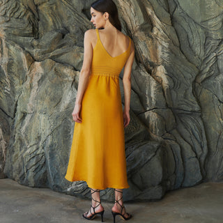 Back view mustard linen dress with knitted top