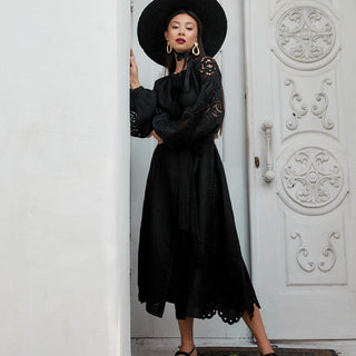 black linen maxi dress with Richelieu details