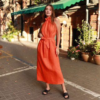 Orange linen halter neck maxi dress