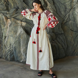 Boho chic linen embroidered maxi dress