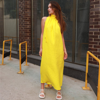 Yellow linen maxi halterneck dress