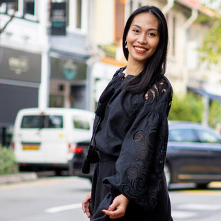 Black linen blouse with Richelieu details