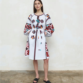 White linen Ukrainian embroidered midi dress