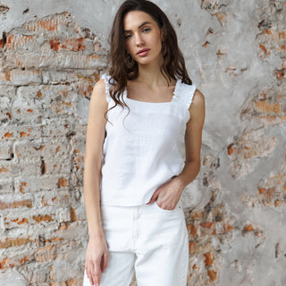 White linen summer top with wide ruffled straps