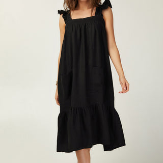 Black linen frilled sundress in midi length