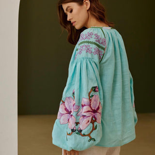 Back view linen mint embroidered shirt
