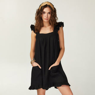 Black linen frilled  mini sundress Casablanca