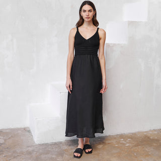 Black linen midi dress with cotton knitted top