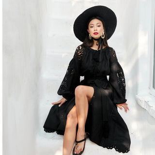 Black linen boho chic maxi dress with Richelieu details