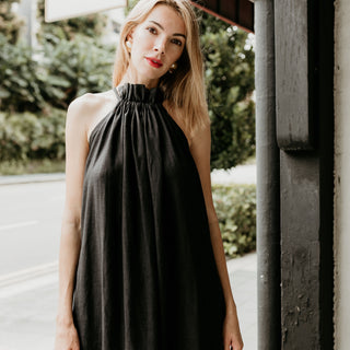 Black flax linen halterneck maxi dress