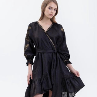 linen embroidered wrap dress in black