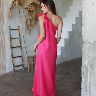 Back view fuchsia linen one shoulder dress