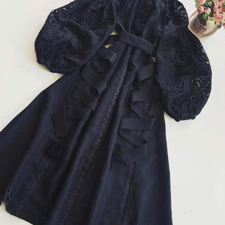 Black linen maxi dress with Richeleu details