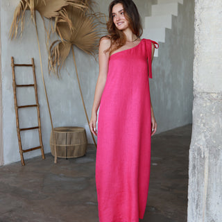 One shoulder maxi linen dress in fuchsia