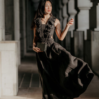 Black linen maxi dress with frill and open back