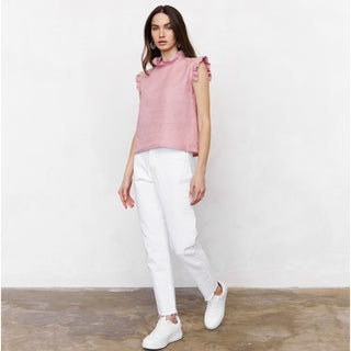 Linen summer top with frilled details in dusty pink