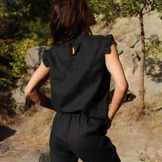Back view black sleeveless linen top