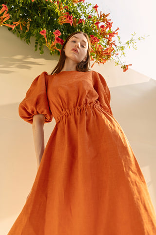 Peony Linen Midi Dress in Orange